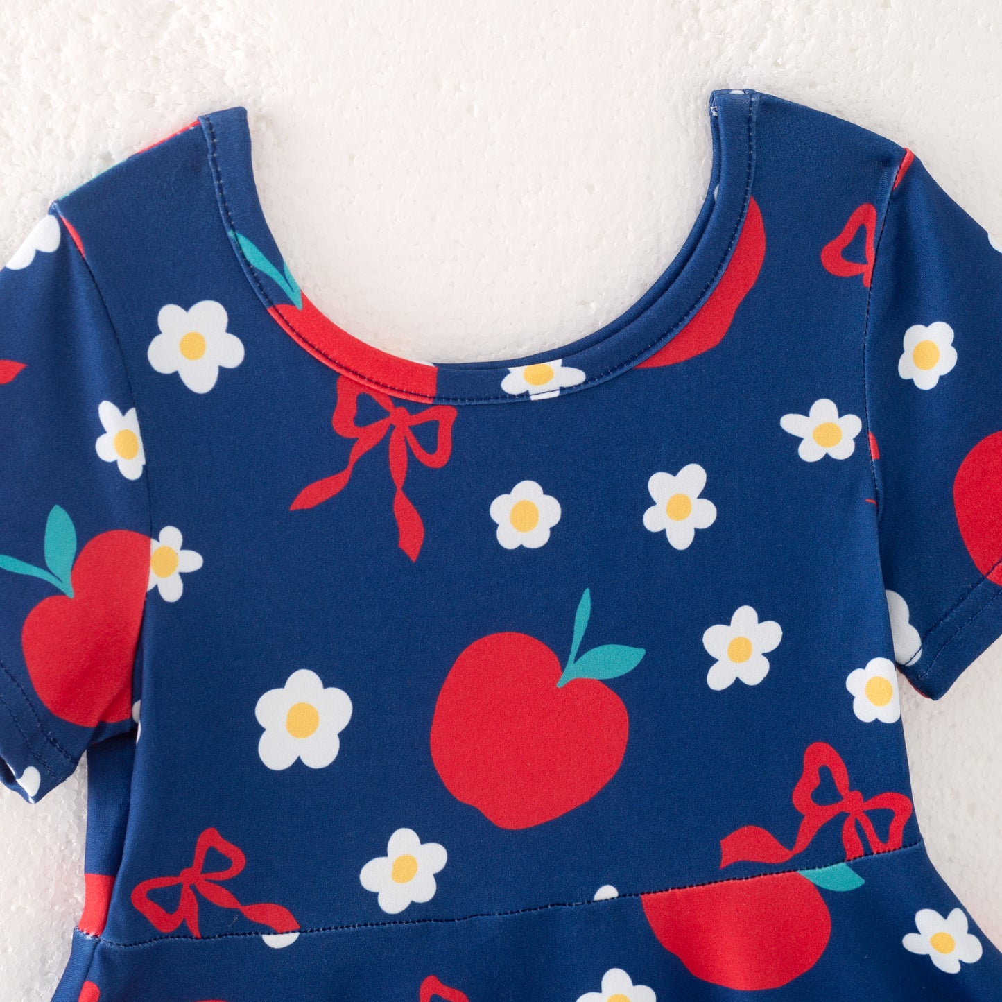 Fashion Girls Back To School Navy Bow Apple Twirl Dress