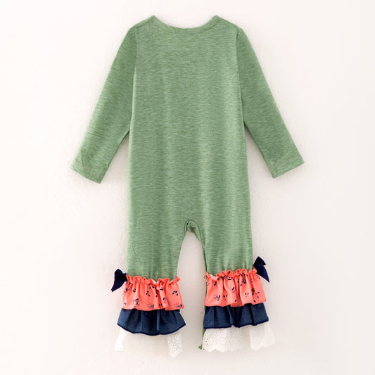 Baby Girl Ruffle Romper with Hedgehog Embroidery and Lace Detail