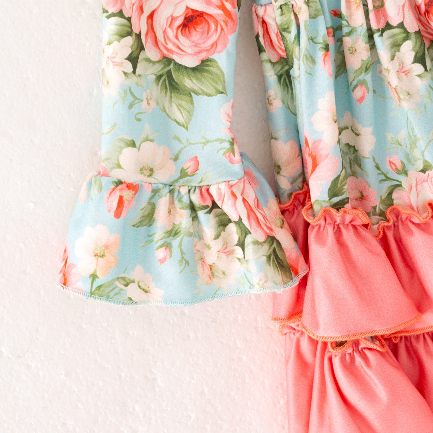 Girls Fall Autumn Blue Floral Coral Ruffled Long Sleeves Dress