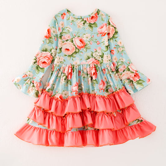 Girls Fall Autumn Blue Floral Coral Ruffled Long Sleeves Dress