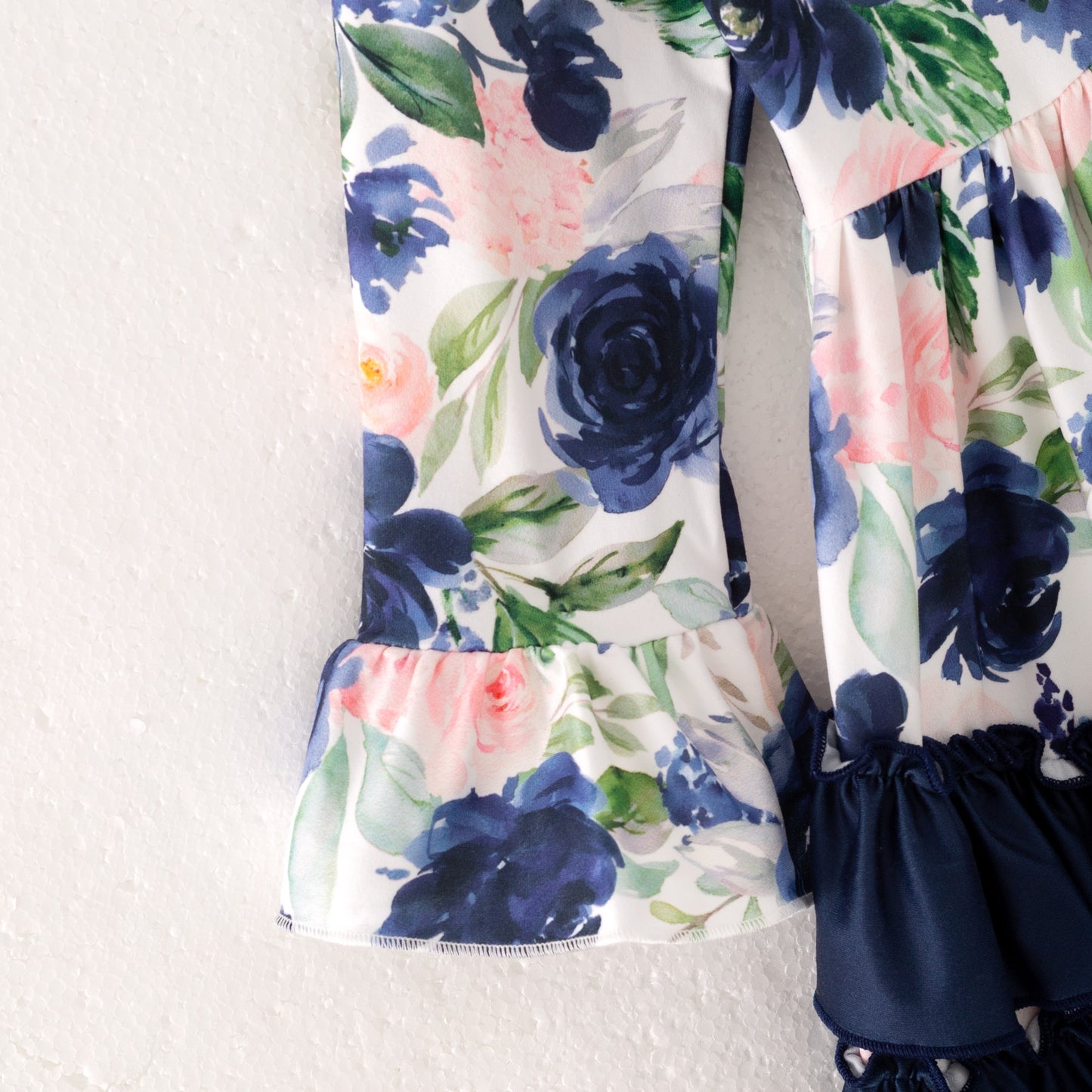 Girls Fall Autumn Pink Floral Navy Ruffled Long Sleeves Dress