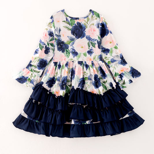 Girls Fall Autumn Pink Floral Navy Ruffled Long Sleeves Dress
