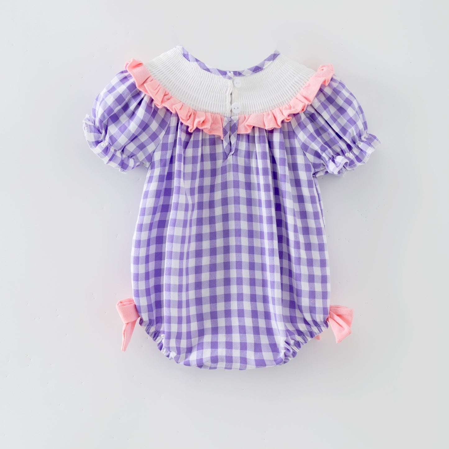Spring Lavender Plaid Flower Embroidery Smock Dress