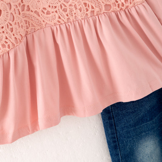 Girls Fall Coral Lace Top + Blue Jean Set