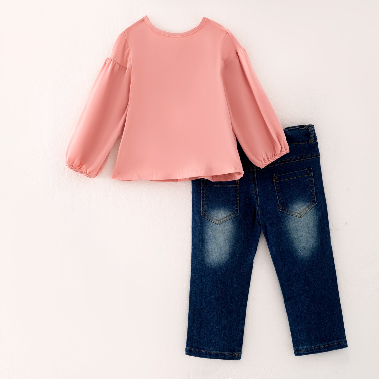 Girls Fall Coral Lace Top + Blue Jean Set