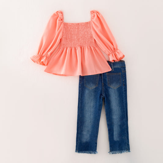 Girls Fall Coral Smocked Top + Sequin Jean Set