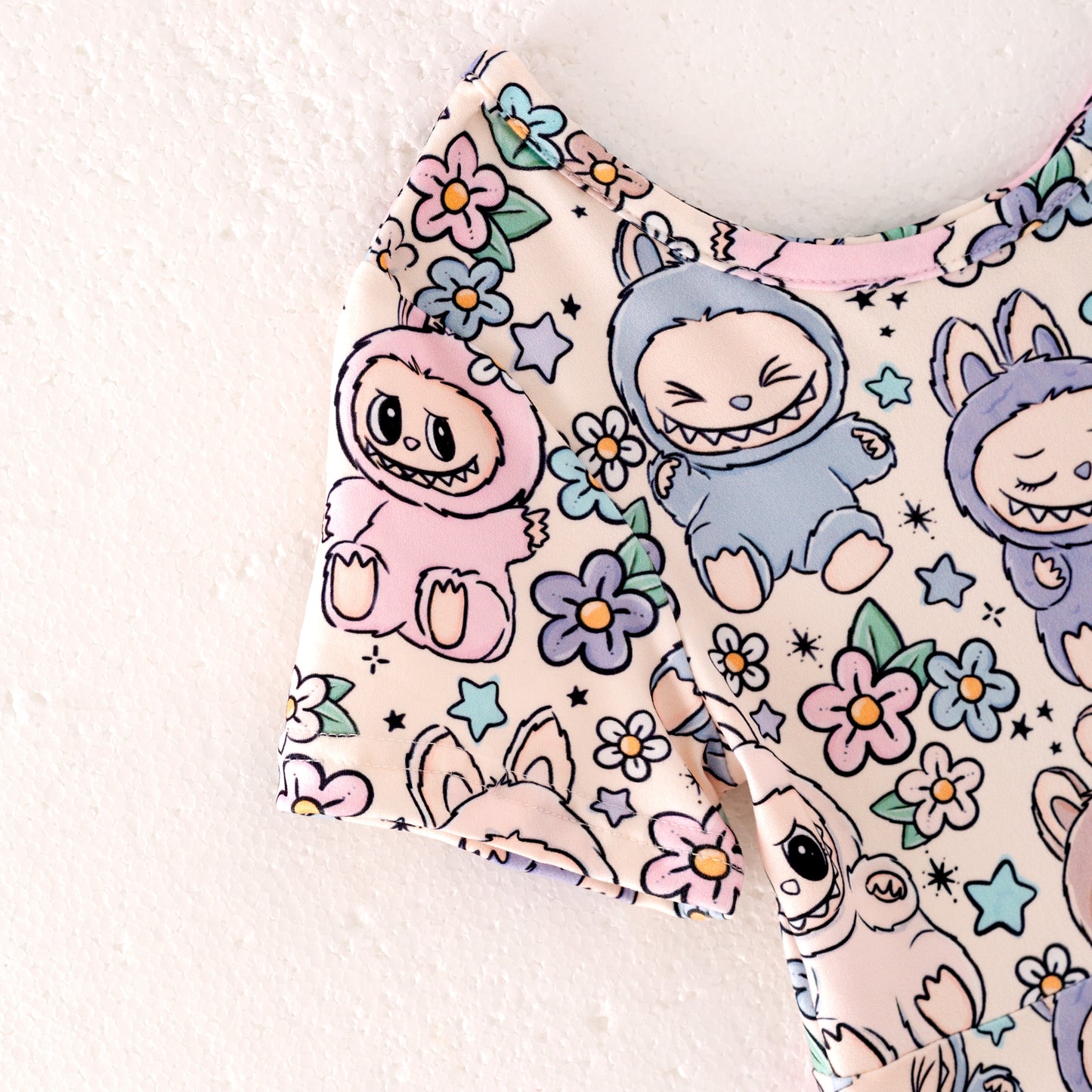 Girls Summer Cute Labubu Cartoon Flower Print Twirl Dress