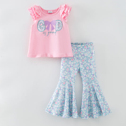 Spring Pink GOD IS GOOD Flower Embroidery Kidswear