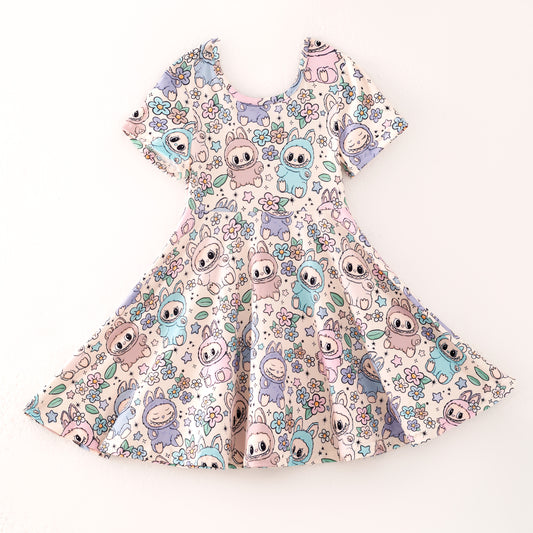 Girls Summer Cute Labubu Cartoon Flower Print Twirl Dress