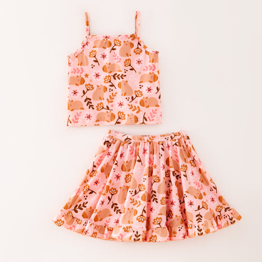 Girls Summer Fall Animal Floral Print Slip Top Skirt Set