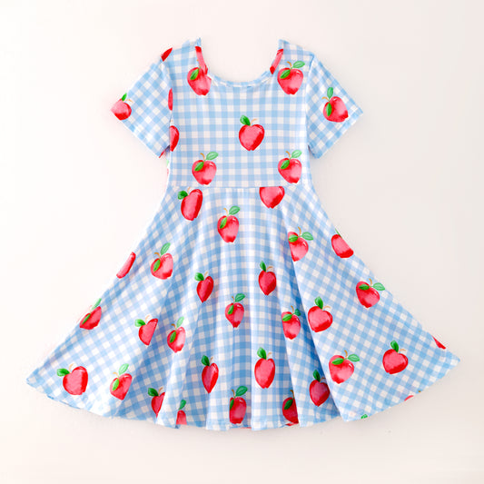 Hot Seller Girls Back To School Blue Plaid Apple Twirl Dress