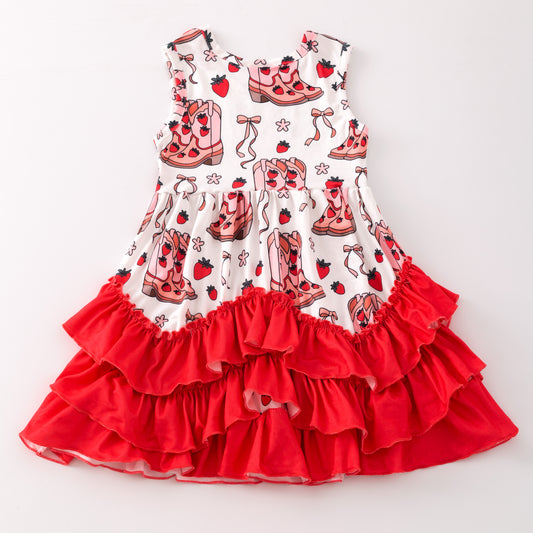 Girls Summer Strawberry Boot Red Ruffled Dress