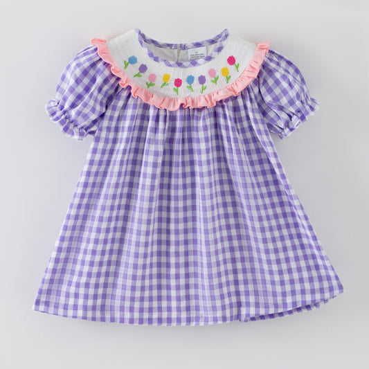 Spring Lavender Plaid Flower Embroidery Smock Dress