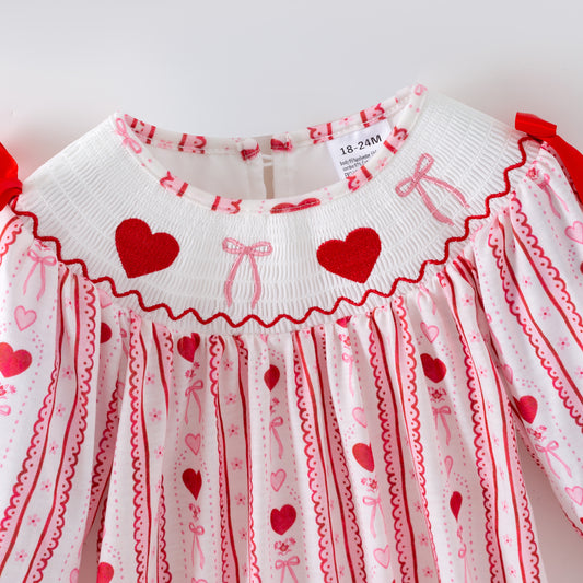 Valentine's Day Heart Bow Smock Embroidery Romper