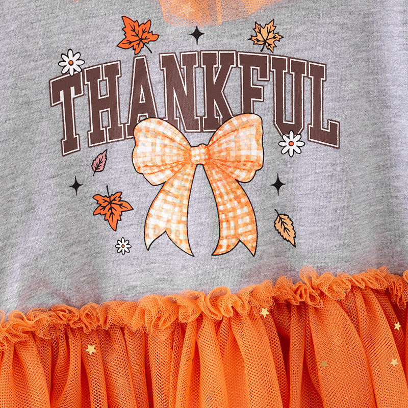 Girls Thanksgiving Gray Thankful Bow Print Orange Tulle Dress