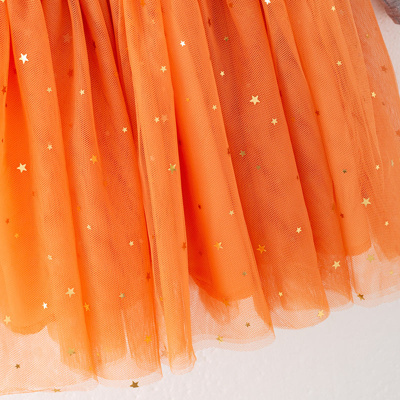 Girls Thanksgiving Gray Thankful Bow Print Orange Tulle Dress