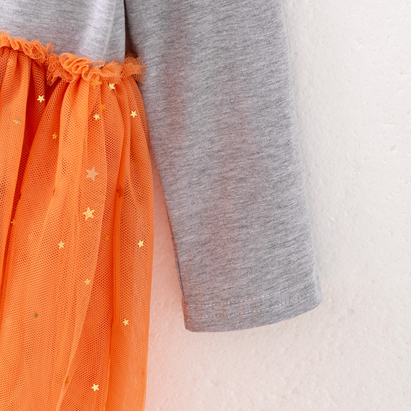 Girls Thanksgiving Gray Thankful Bow Print Orange Tulle Dress