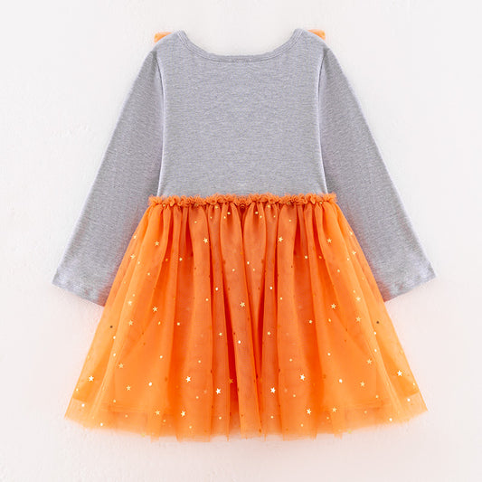 Girls Thanksgiving Gray Thankful Bow Print Orange Tulle Dress