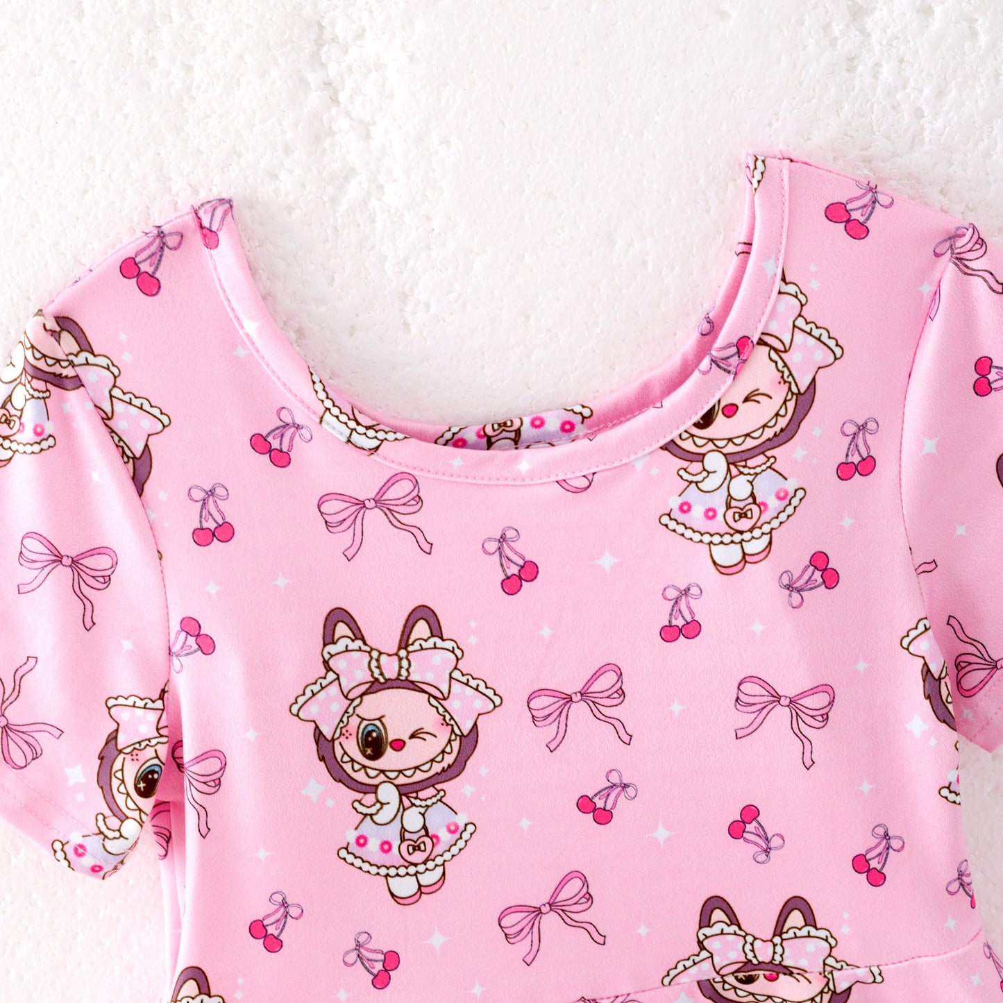 Girls Summer LABUBU Print Pink Short Sleeves Twirl Dress