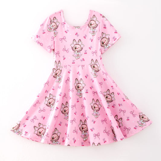 Girls Summer LABUBU Print Pink Short Sleeves Twirl Dress