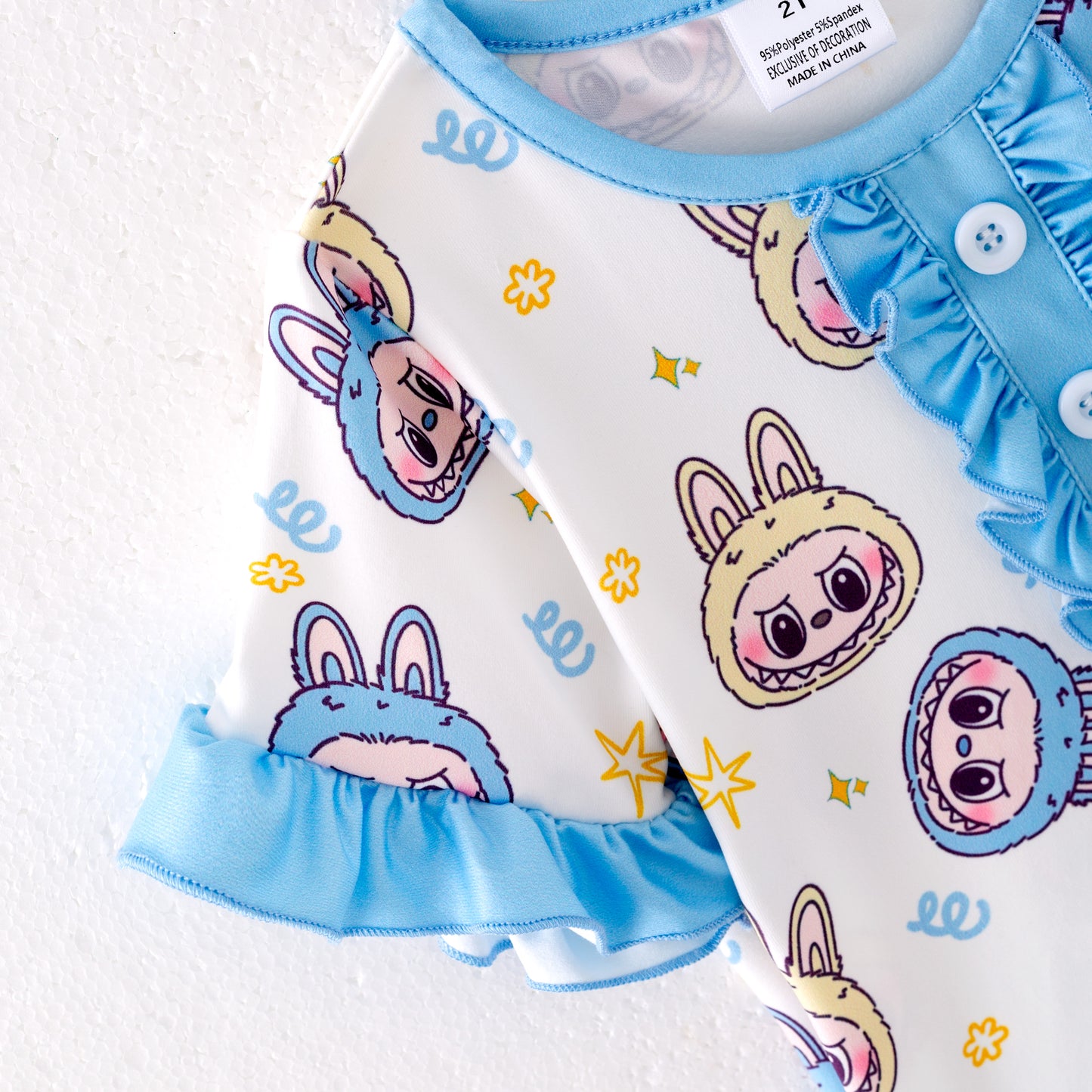 Girls Summer Labubu Print Blue Ruffled Short Pajamas Set