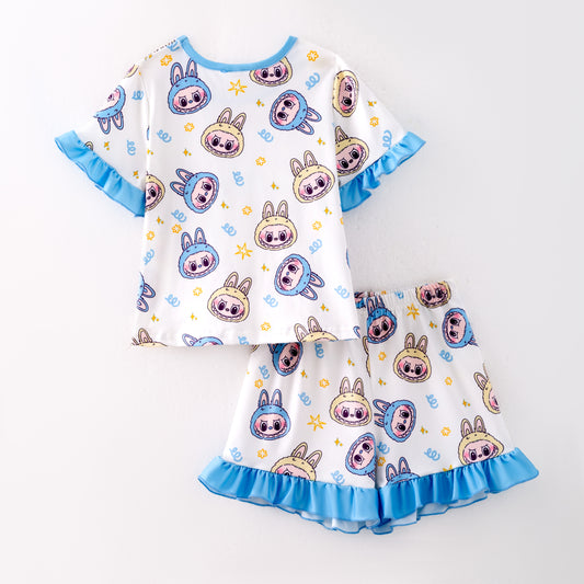 Girls Summer Labubu Print Blue Ruffled Short Pajamas Set