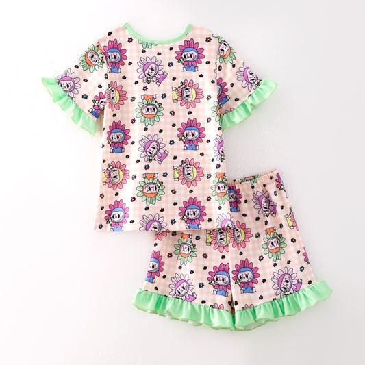 Girls Summer Labubu Print Green Ruffled Short Pajamas Set