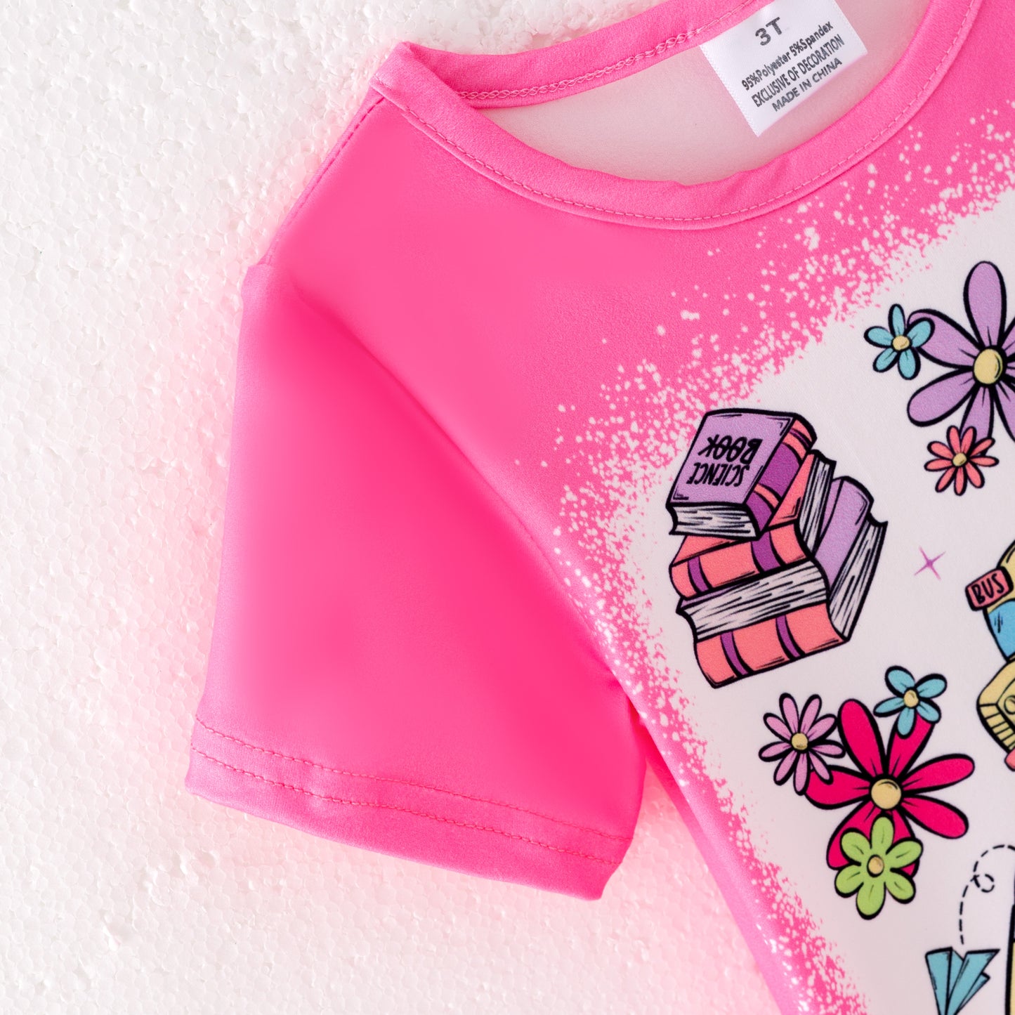 Girls Hot Pink Short Sleeves Tops Back To School Print Set