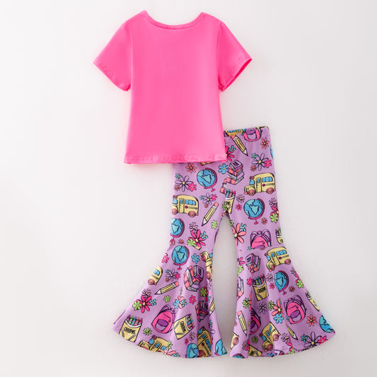 Girls Hot Pink Short Sleeves Tops Back To School Print Set