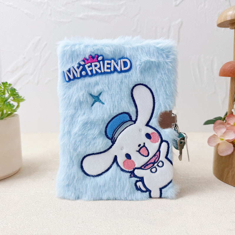 Cartoon Embroidered Plush Lock Diary 64K Soft Cover Journal Notebook Gift