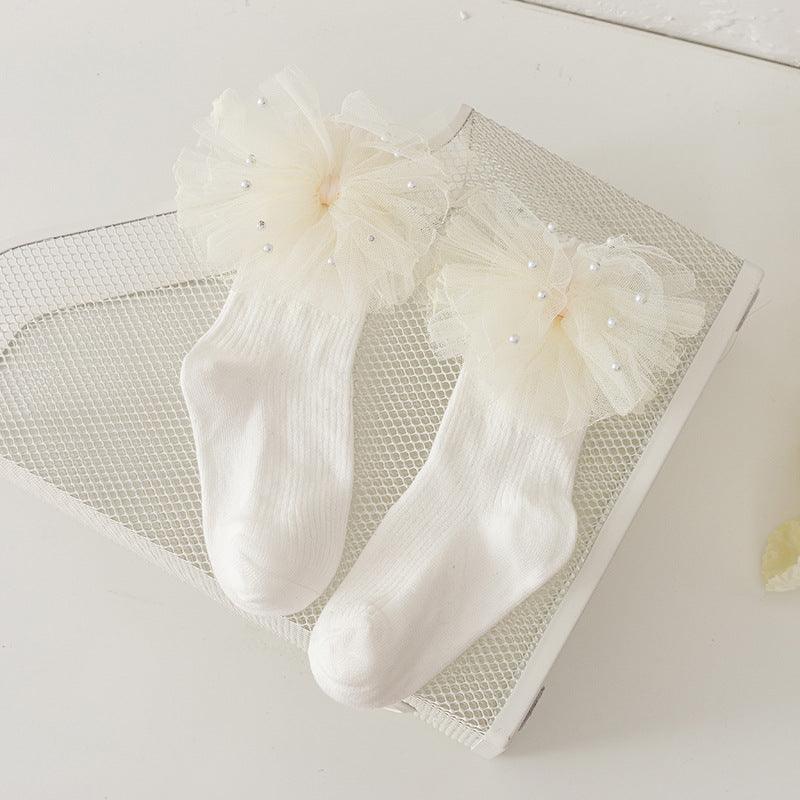 Girls Sweet Ruffle Crew Socks with Pearl Bow, Soft Combed Cotton Socks