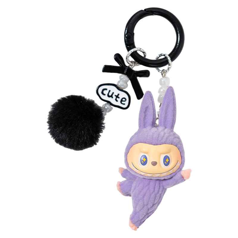 Flocked Labubu Yoga Figure Keychain – Cute Cartoon Phone Charm & Bag Accessory