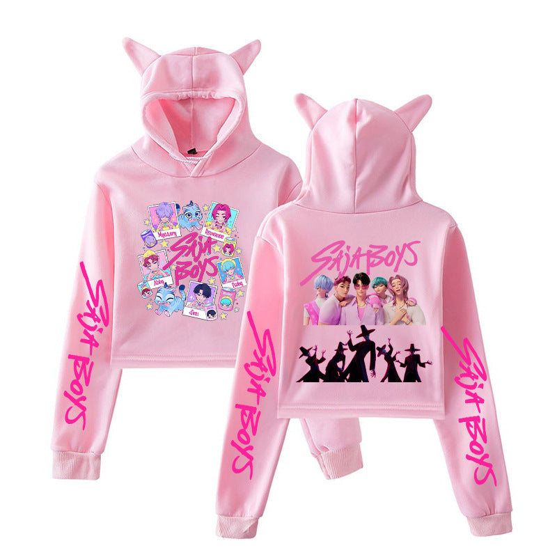 K-Pop Demon Hunters Printed Cat Ear Short Hoodie Anime Sweatshirt for Fall and Winter