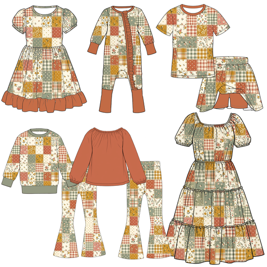 Fall Patchwork Floral Family Matching Collection – Girls Dress, Romper, Skirt & Flare Pant Sets, Women’s Maxi Dress