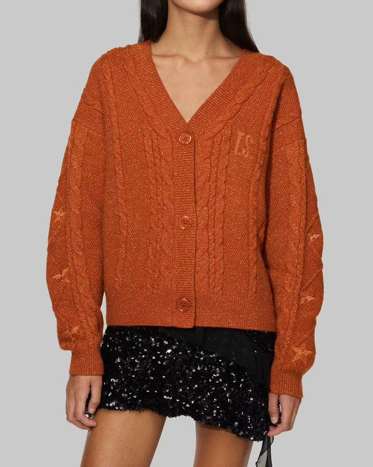 Taylor Swift “The Life of a Showgirl” Orange Cardigan Embroidered Star Loose Fit Knit Button Sweater Album Merch
