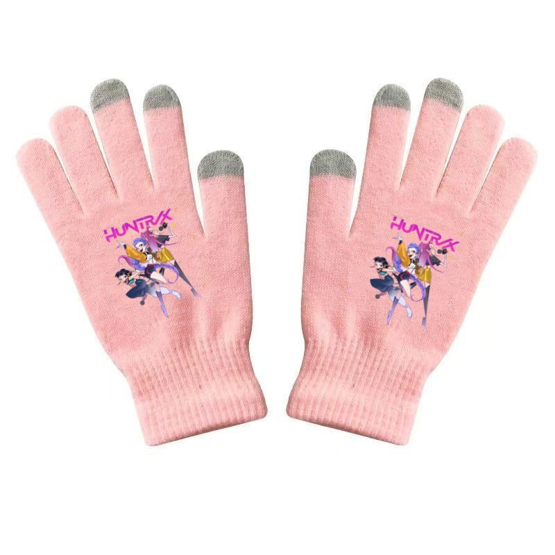 K-Pop Demon Hunters Kids Gloves for Boys and Girls Warm Dopamine Style Knitted Printed Gloves for Fall and Winter
