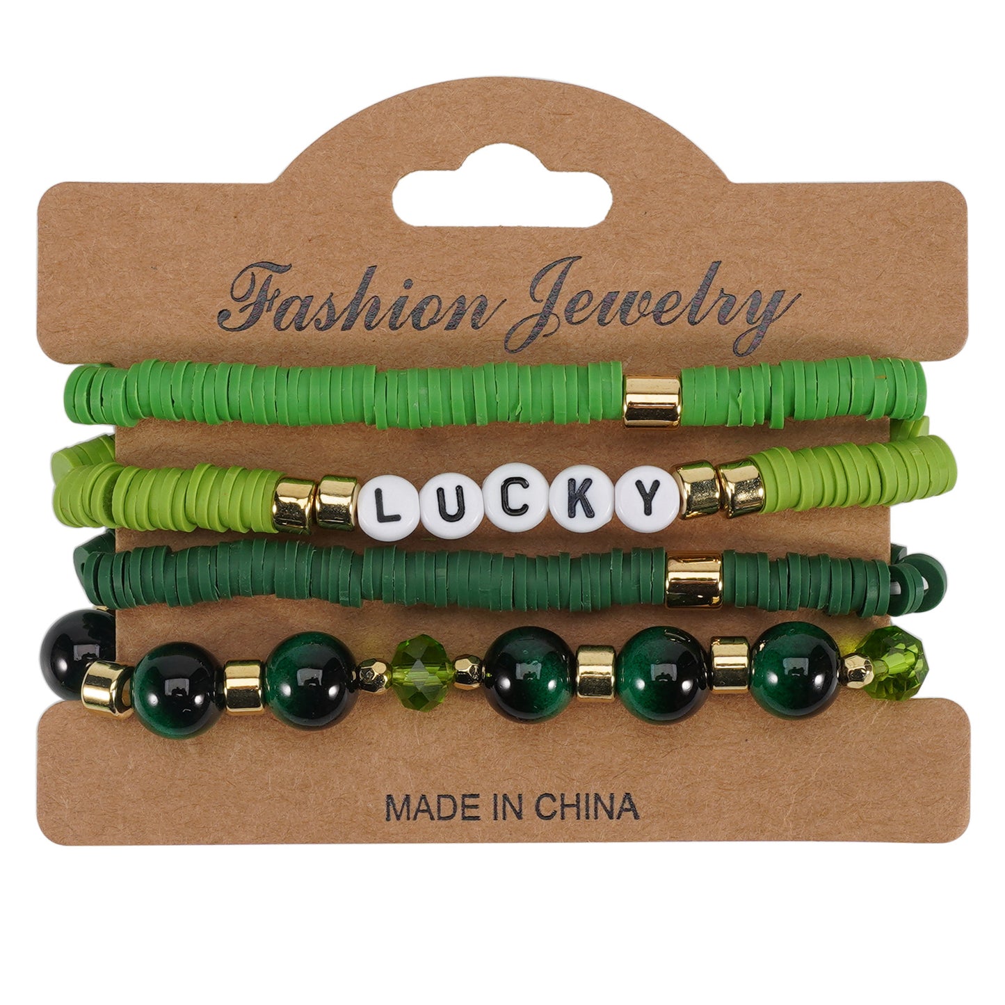 St. Patrick’s Day Green Beaded Bracelet Set with Lucky Shamrock Charm
