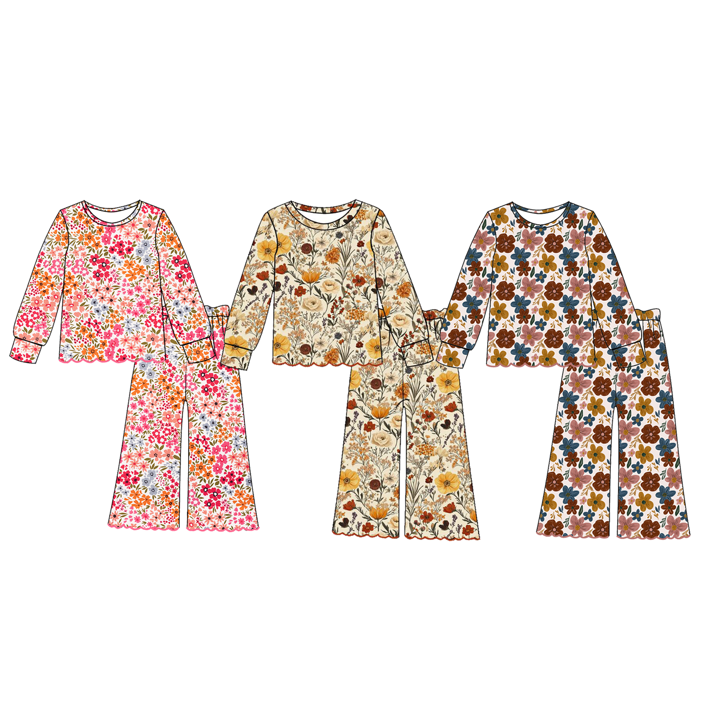 Girls Fall Floral Two-Piece Outfit – Long Sleeve Scalloped Top & Flare Pants Set
