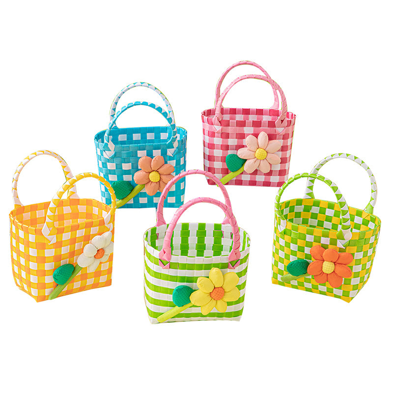 Kids' Woven Summer Colorful Checkered Flower Basket Bag