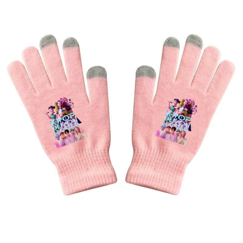 K-Pop Demon Hunters Kids Gloves for Boys and Girls Warm Dopamine Style Knitted Printed Gloves for Fall and Winter