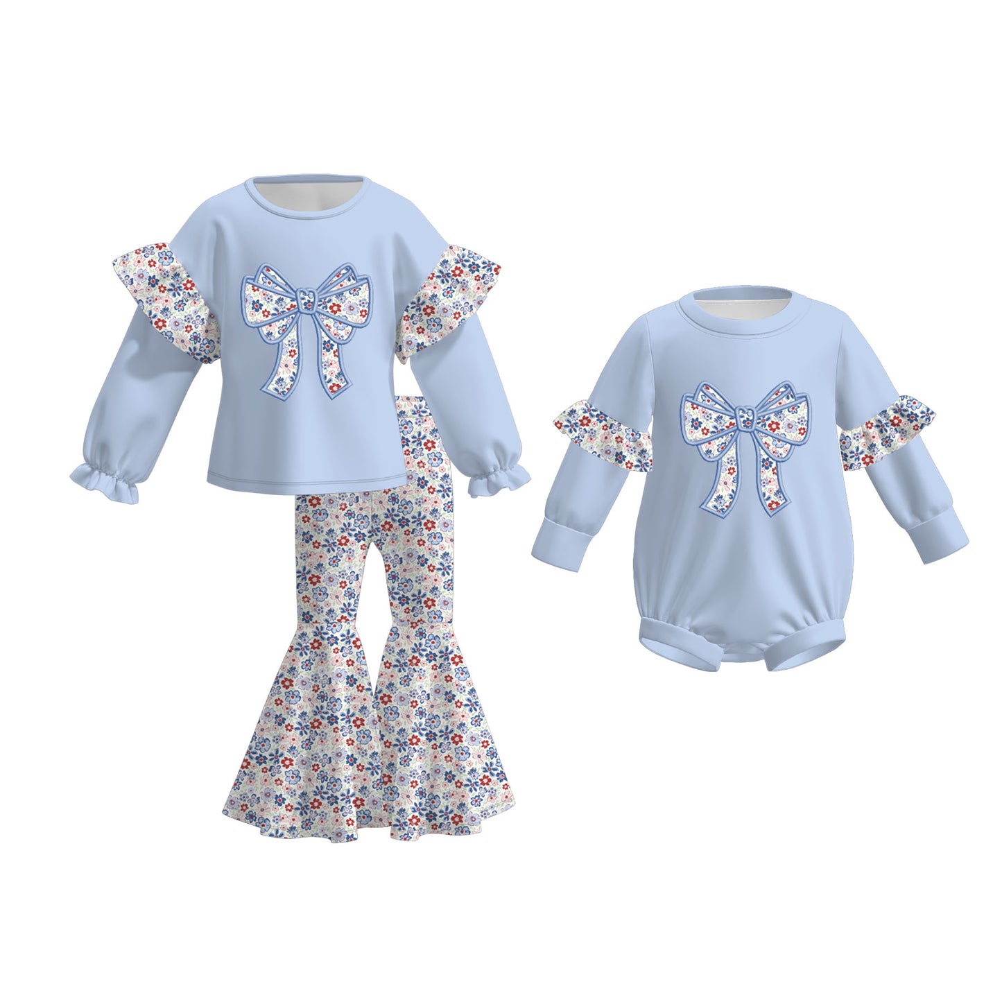 Fall/Winter Embroidered Floral Bow Sister Blue Outfits