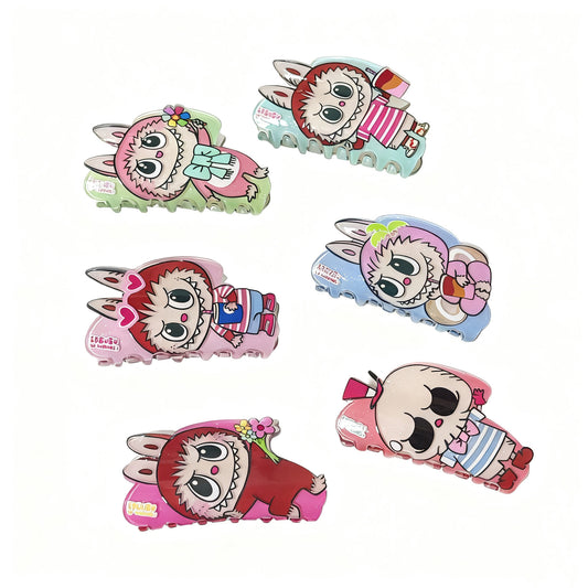 Colorful Dopamine Labubu Cartoon Hair Claw – Cute Printed Kids Hair Clip, Back Bun Shark Clip