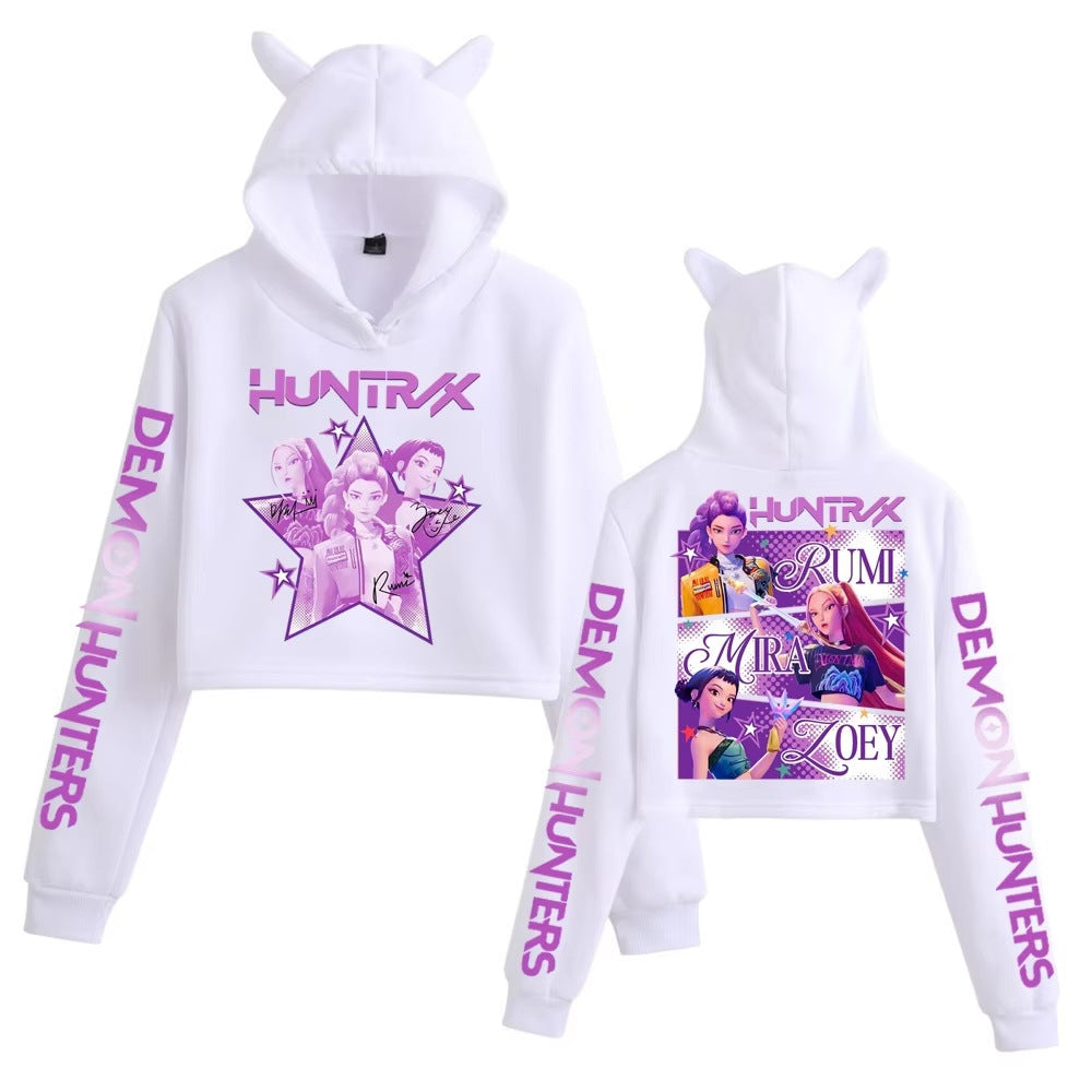 K-Pop Demon Hunters Printed Cat Ear Short Hoodie Anime Sweatshirt for Fall and Winter