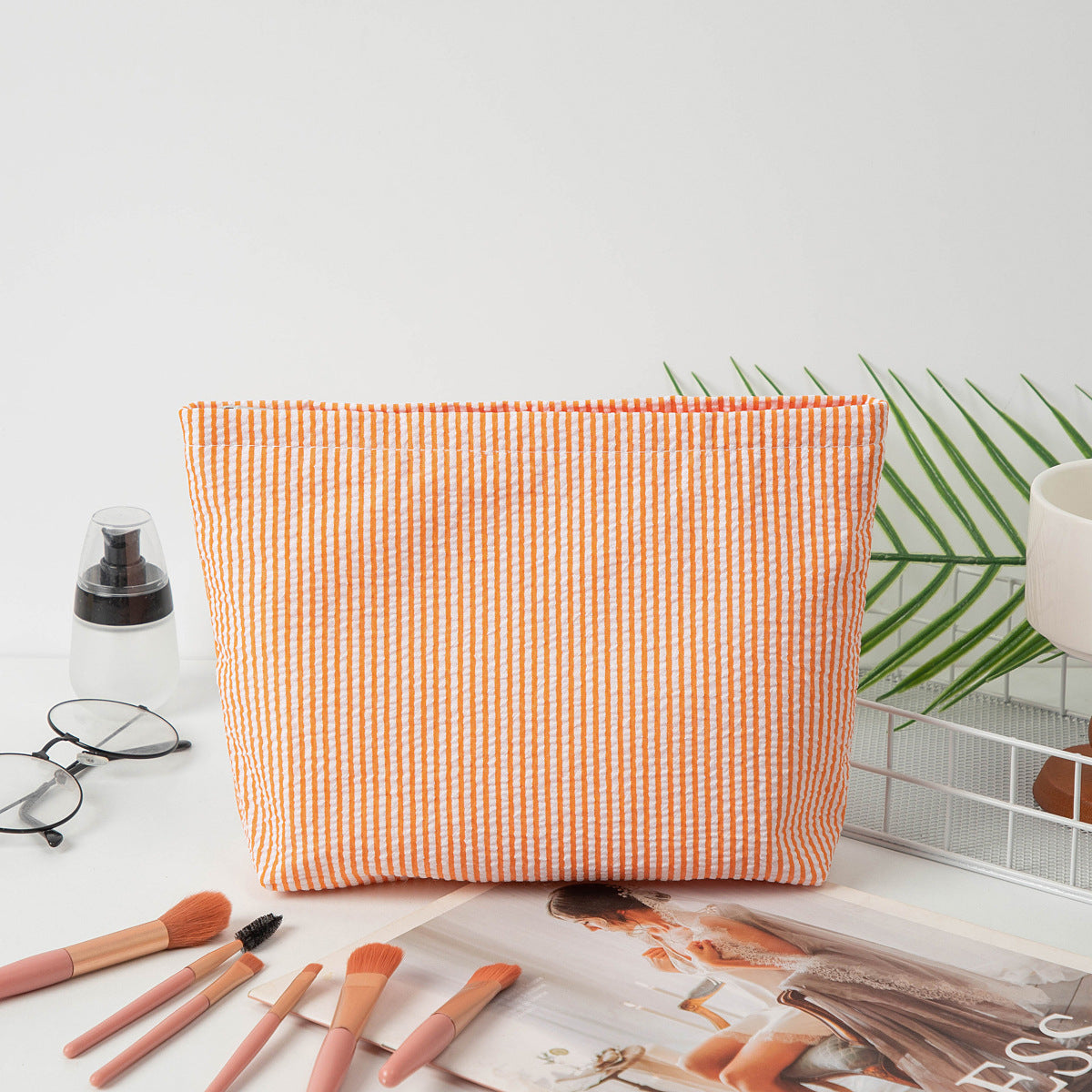 Personalized Yarn Embroidered Striped Seersucker Cosmetic Bag – Custom Name Pouch