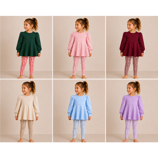 Girls Fall Winter Gingham Plaid Leggings Set – Long Sleeve Puff Sleeve Peplum Tunic Top & Checkered Pants 2-Piece Outfit