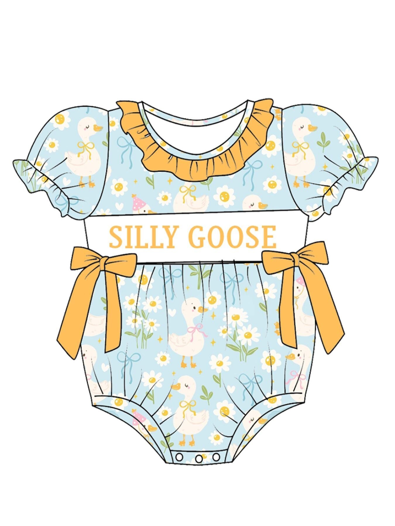 Baby Kids SILLY GOOSE Print Smocked Embroidered Romper
