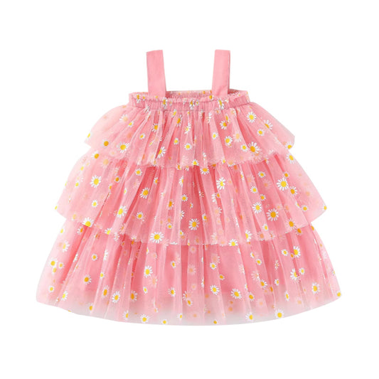Girls Strapless Floral Daisy Print Mesh Layered Cake Dress