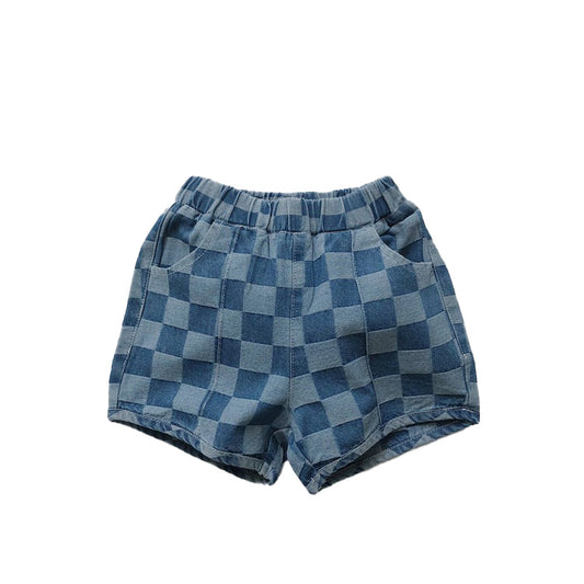 Summer Boys' Checkered Elastic Waist Pocket Denim Shorts