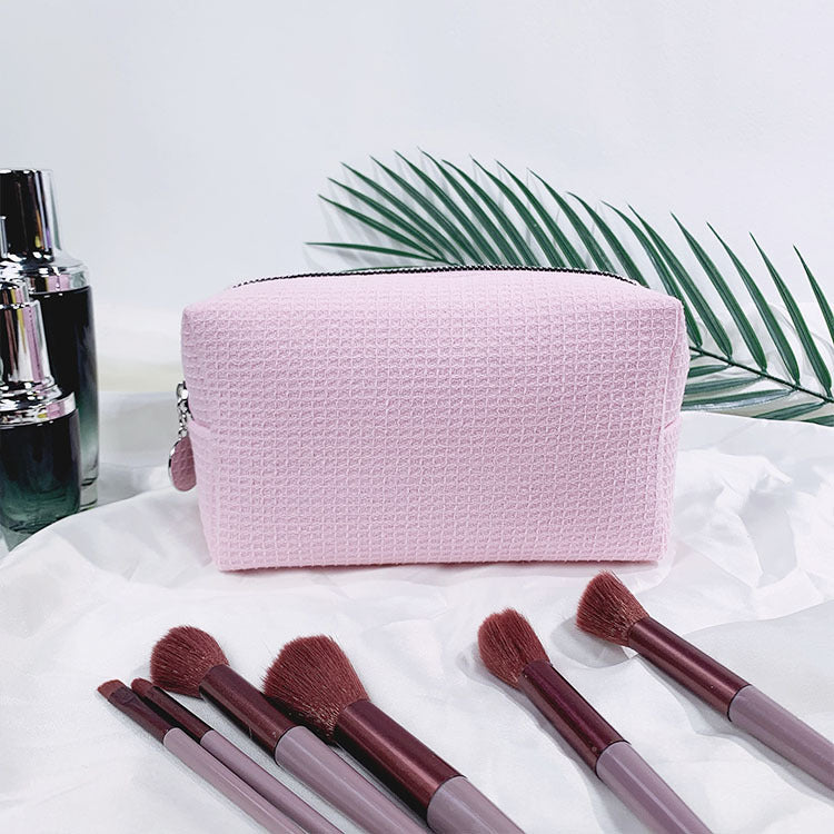 Waffle Fabric Solid Color Makeup Pouch Travel Toiletry Bag