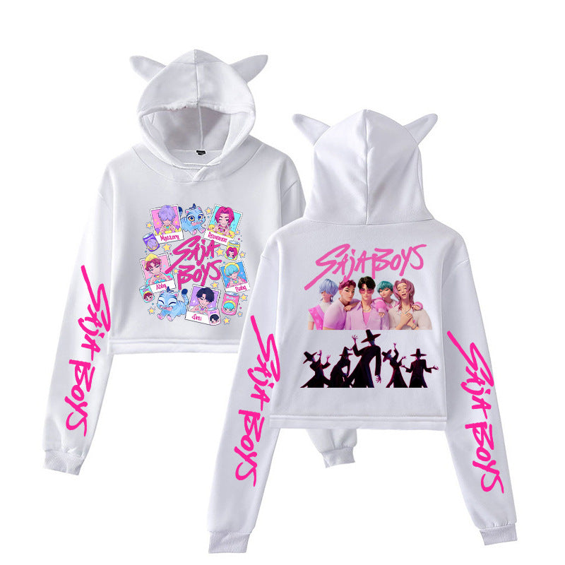 K-Pop Demon Hunters Printed Cat Ear Short Hoodie Anime Sweatshirt for Fall and Winter